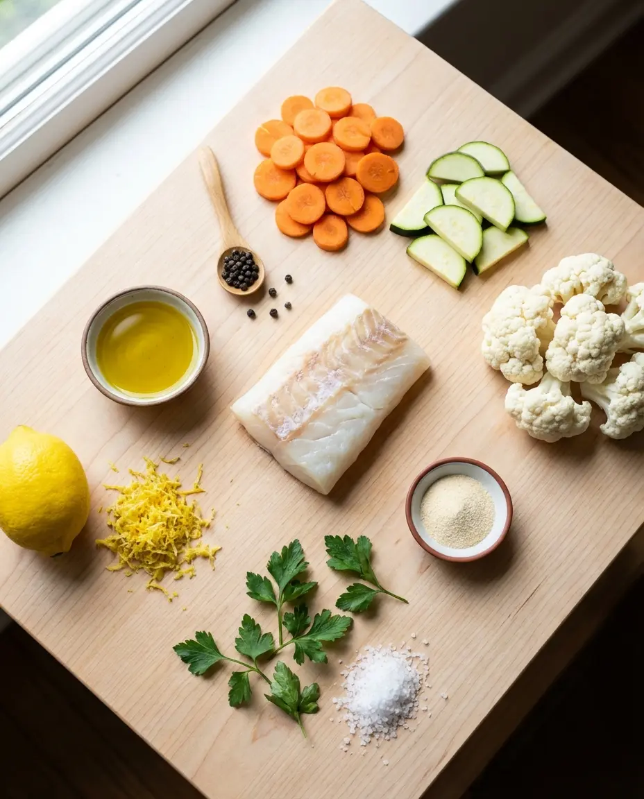 Ingredients laid out for lemon-pepper cod and soft vegetables