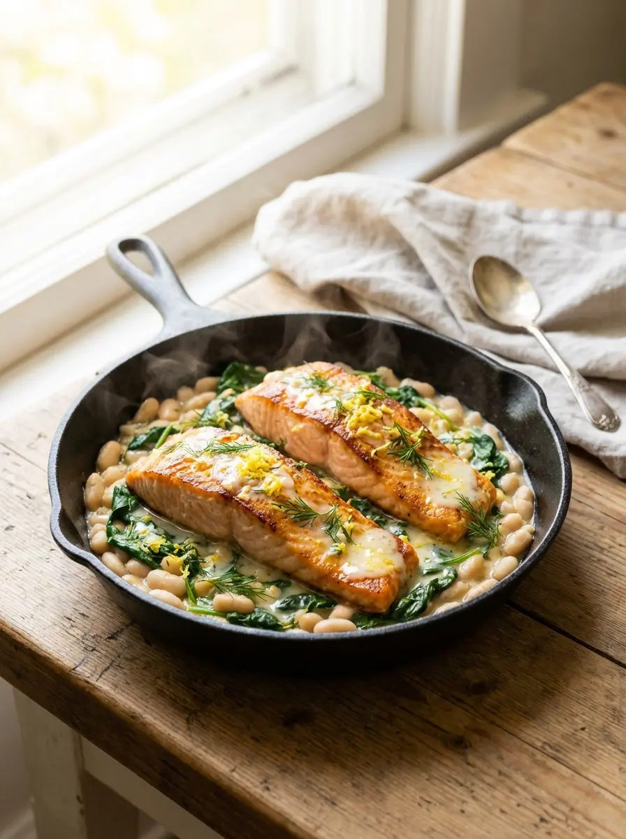 Skillet with salmon, white beans, spinach and lemon-yogurt sauce
