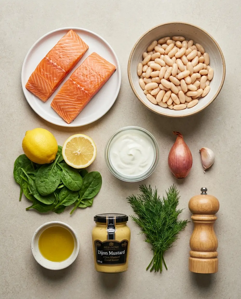 Ingredients for lemon-dill salmon with white beans and yogurt