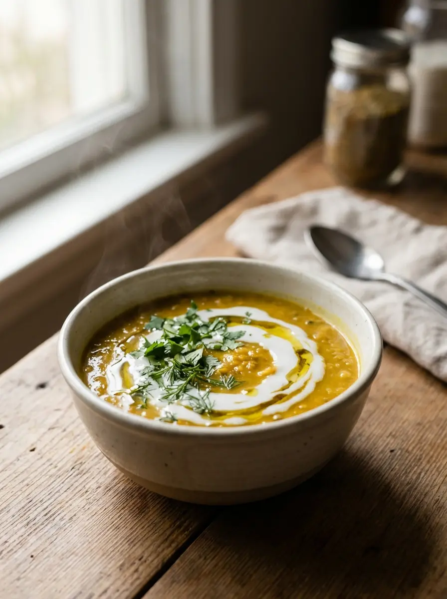 Bowl of turmeric and ginger soup garnished with herbs