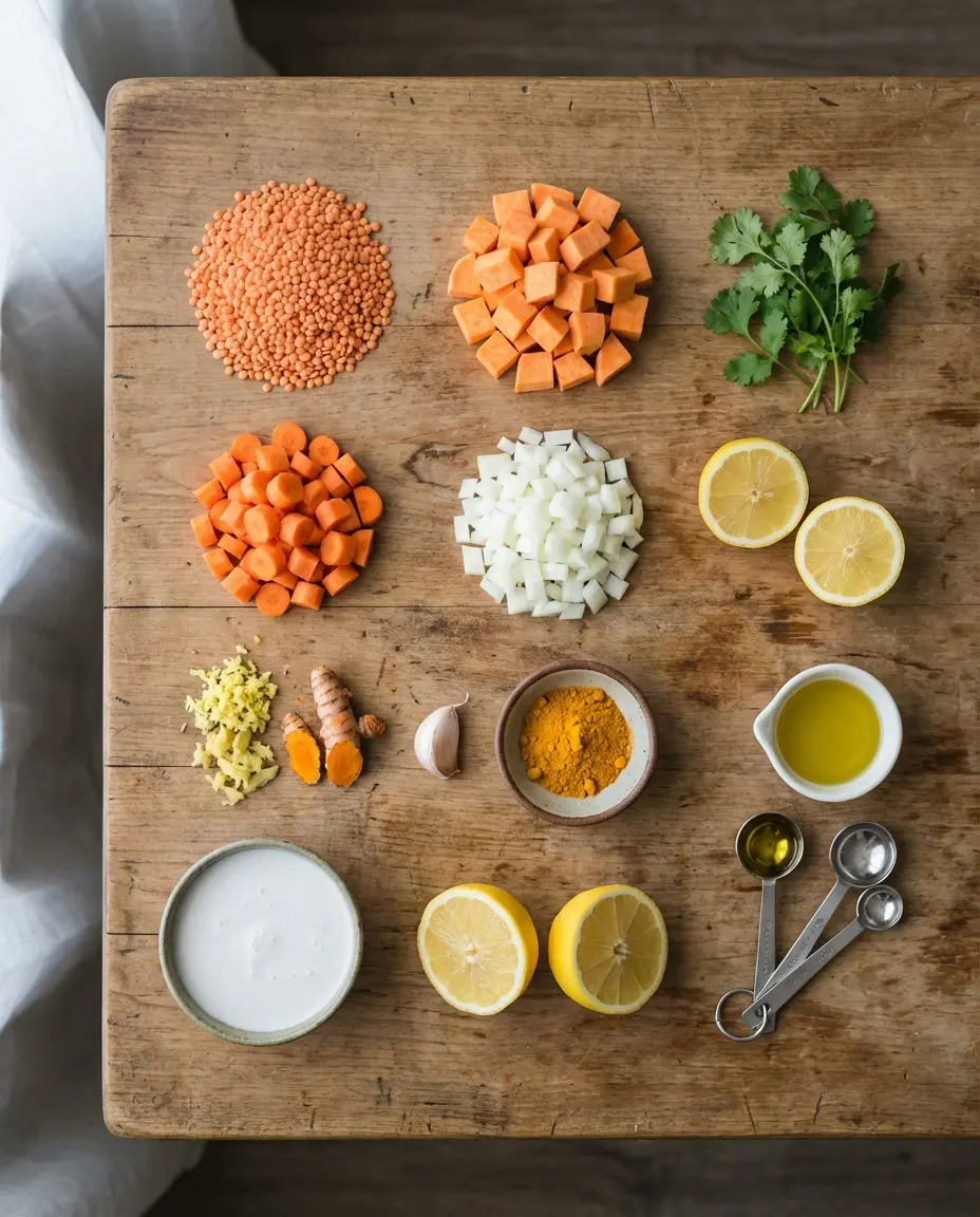 Ingredients for turmeric and ginger soup laid out on a surface