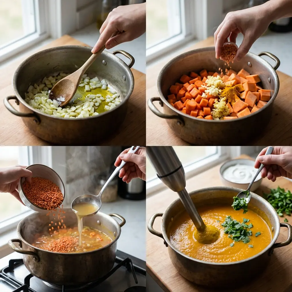 Cooking steps for turmeric and ginger soup in a pot