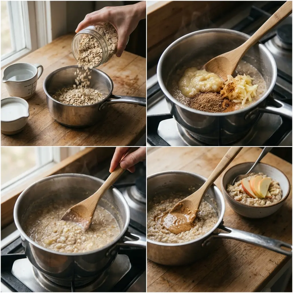 Cooking porridge in a small saucepan, stirred gently