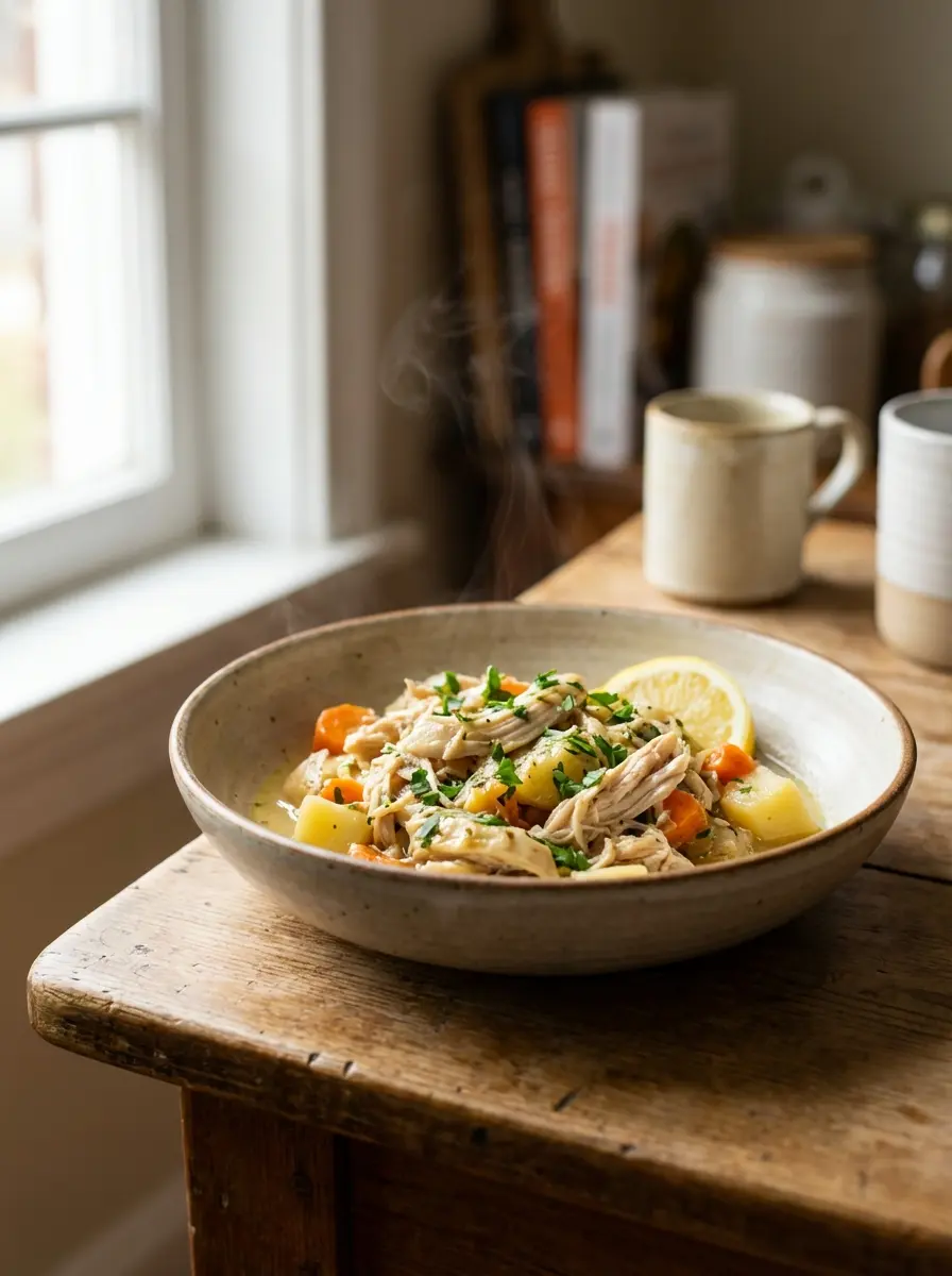 Gentle low-sodium slow cooker chicken in a bowl