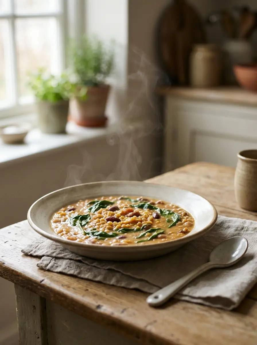Bowl of gentle red lentil and bean stew, soft texture, served with bread
