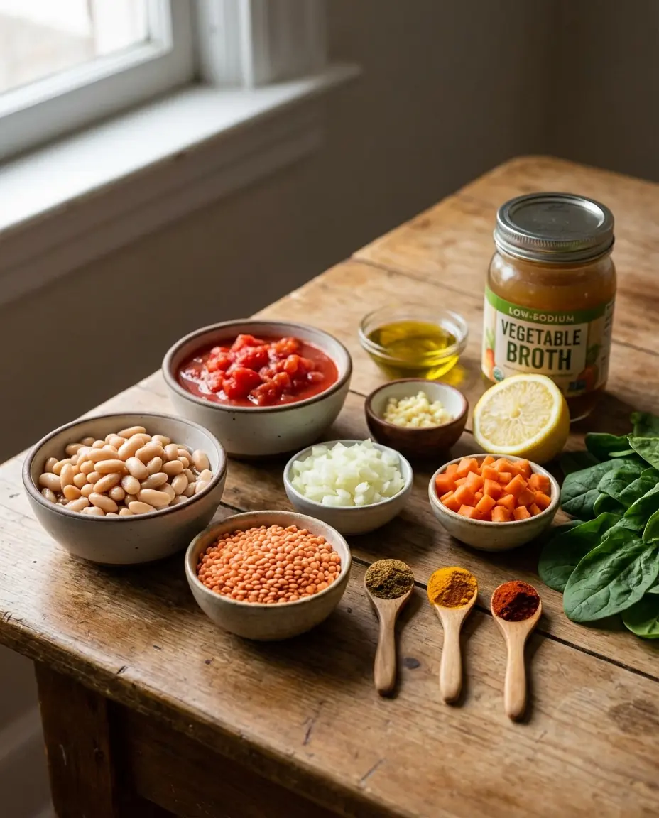 Ingredients laid out: red lentils, onion, carrot, garlic, spices, tomatoes, spinach, broth, beans