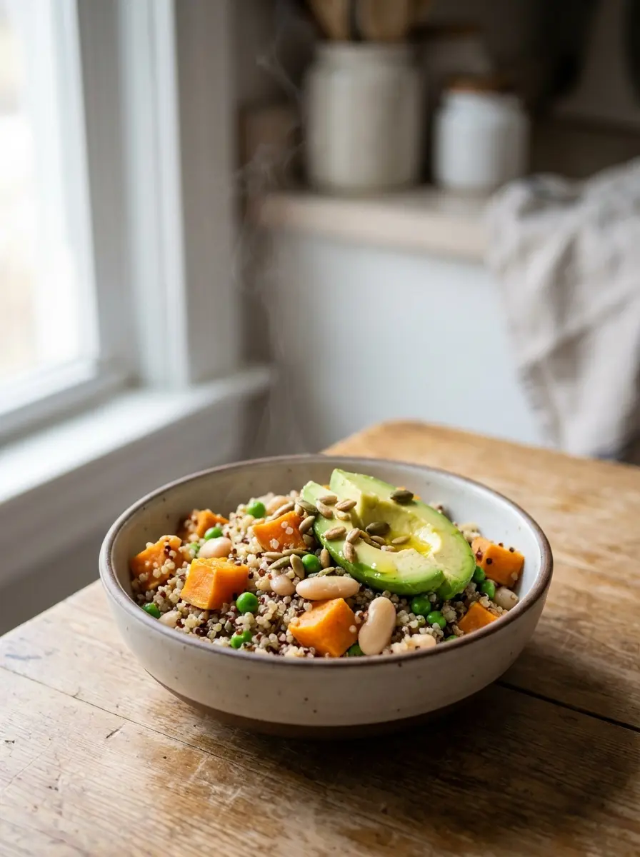 Bowl of gentle whole grain salad with quinoa, sweet potato, peas, and avocado