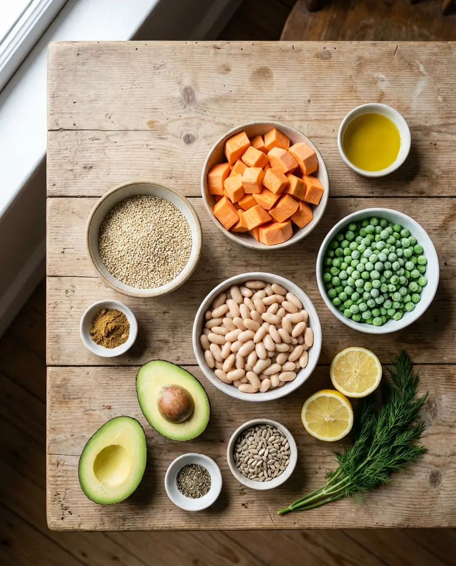 Ingredients laid out for gentle whole grain salad: quinoa, sweet potato, peas, beans, avocado