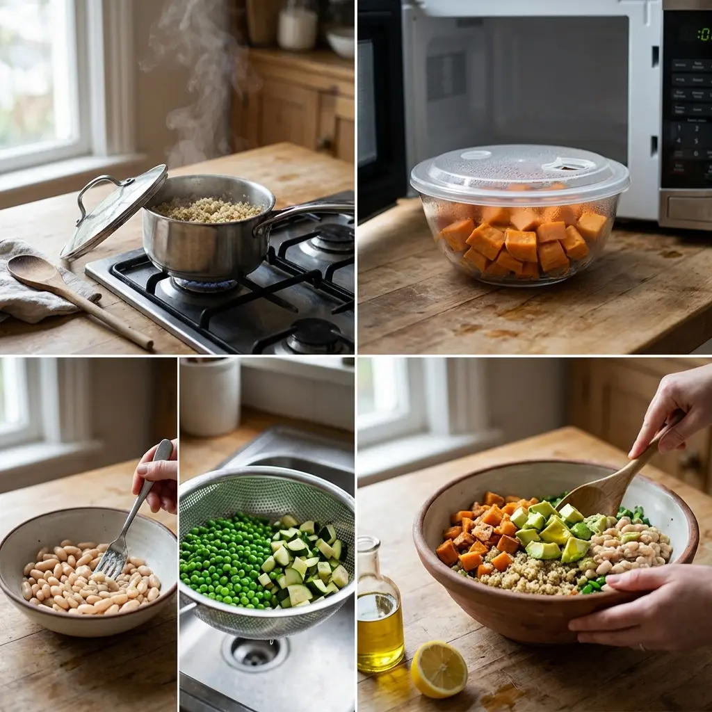 Steps for preparing the whole grain salad shown in sequence
