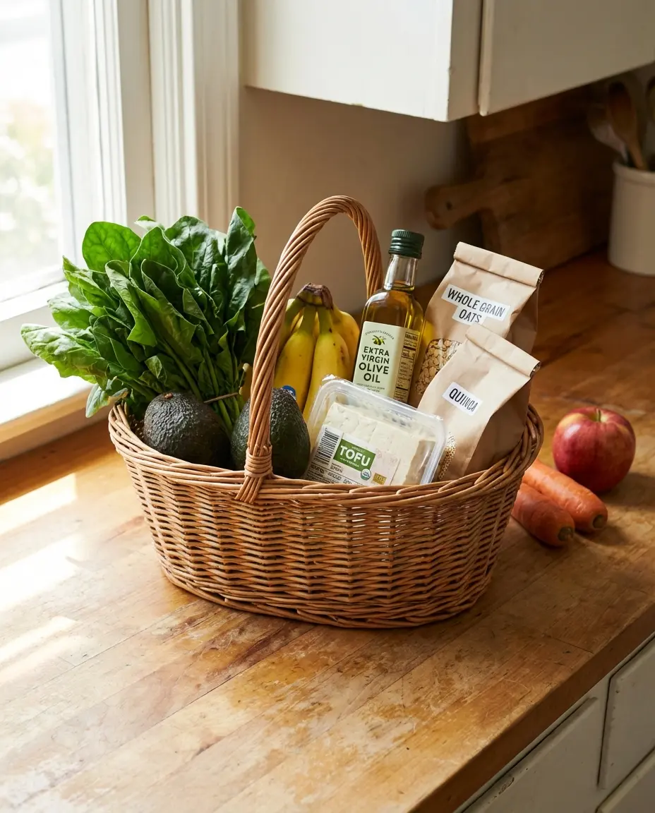 Assortment of fresh and frozen vegetables, grains, and portioned containers for low-waste meals for one or two
