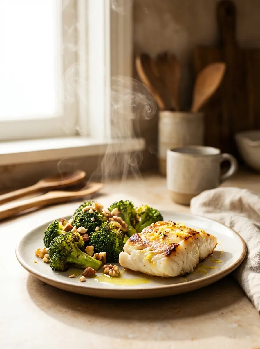 Plate with lemon-seasoned flaky white fish, air-fried broccoli, and chopped toasted nuts