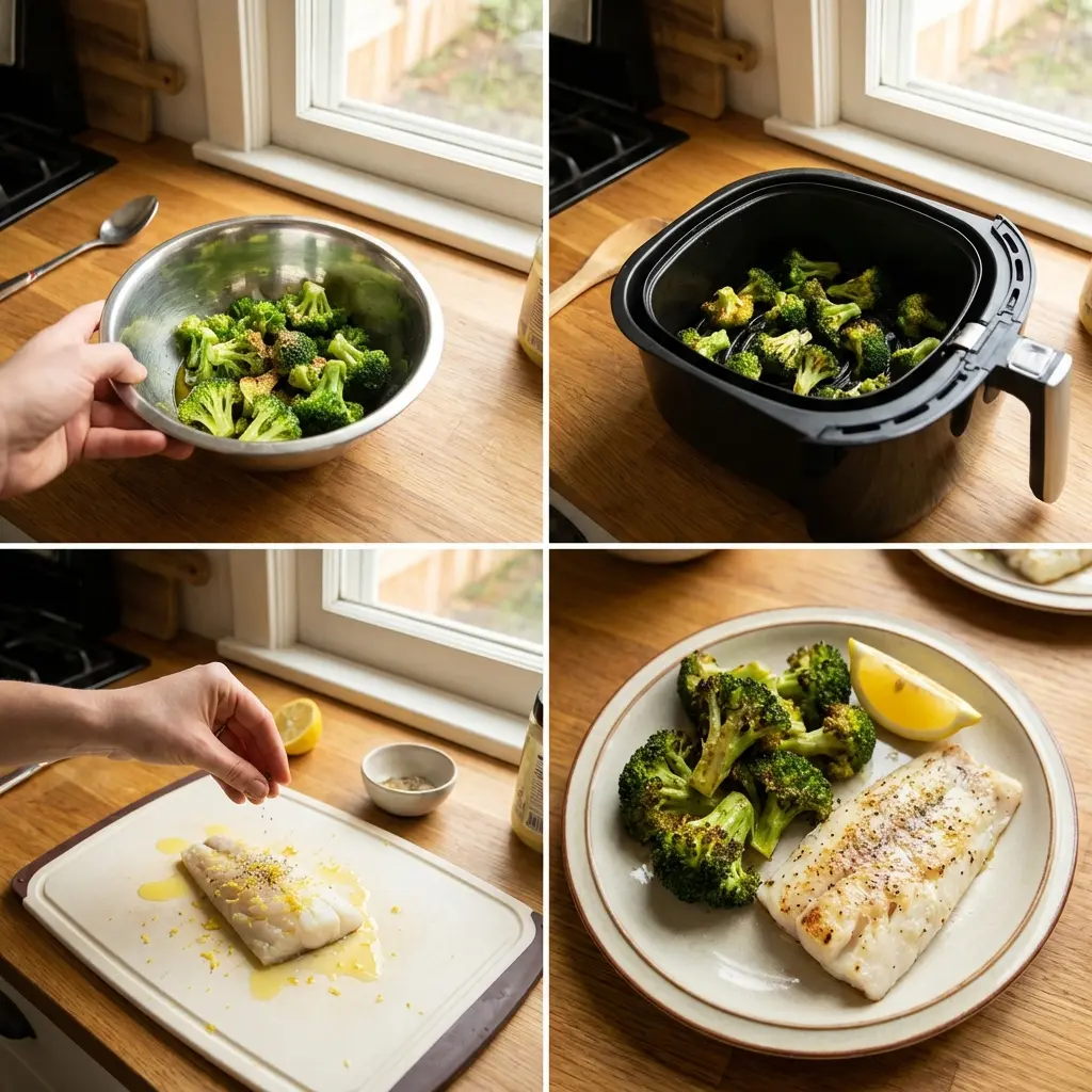 Air fryer basket with broccoli and fish cooking together