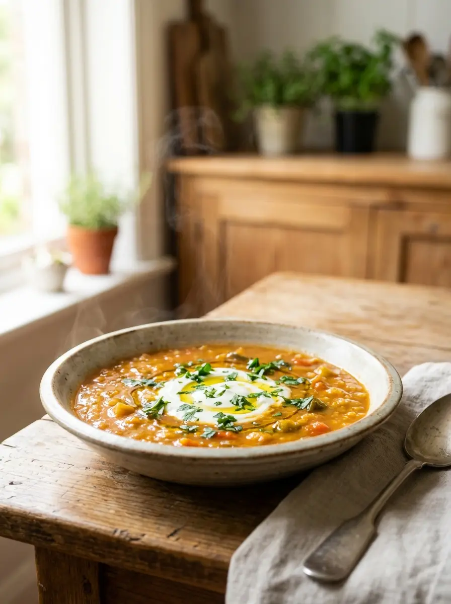 Bowl of hearty lentil and vegetable soup garnished with parsley
