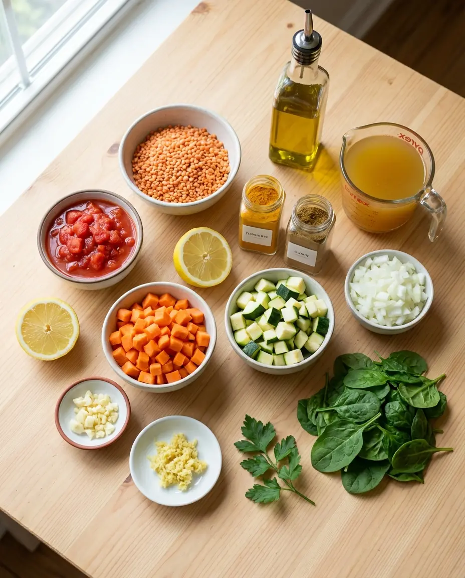 Ingredients for lentil and vegetable soup laid out on a counter
