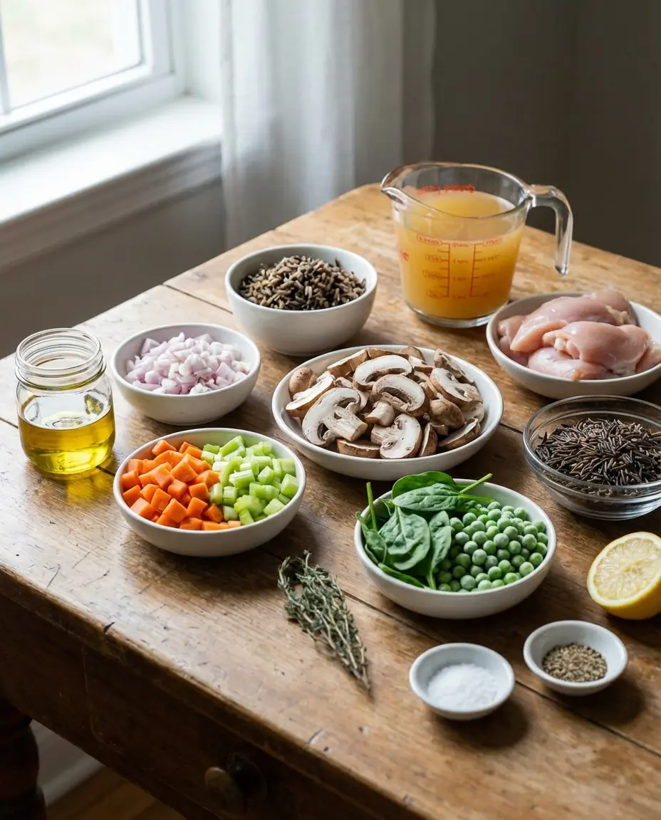 Ingredients laid out for chicken wild rice soup