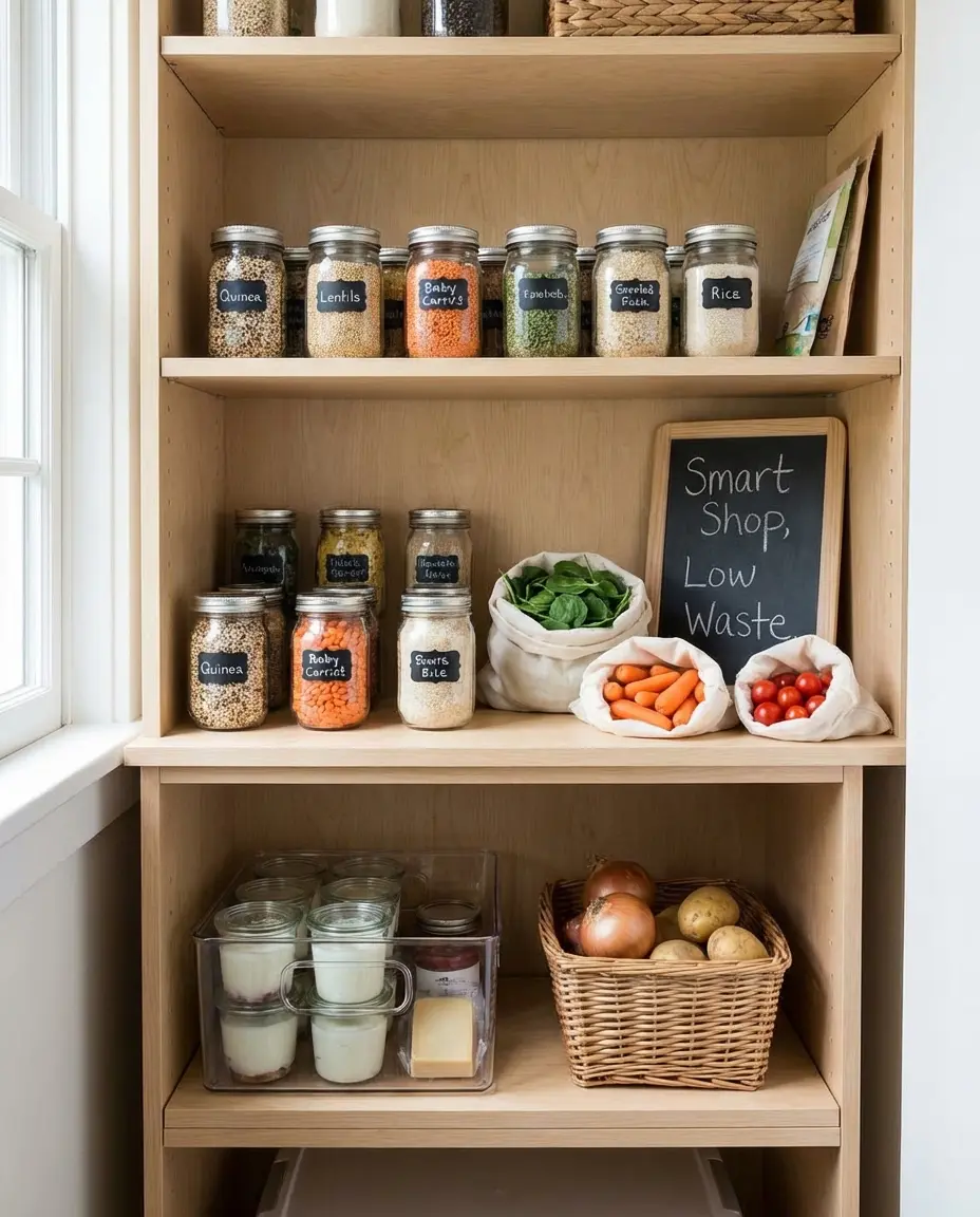 Visual showing grocery shopping and meal preparation based on traditional nutrition pyramid for freshness and balanced portions