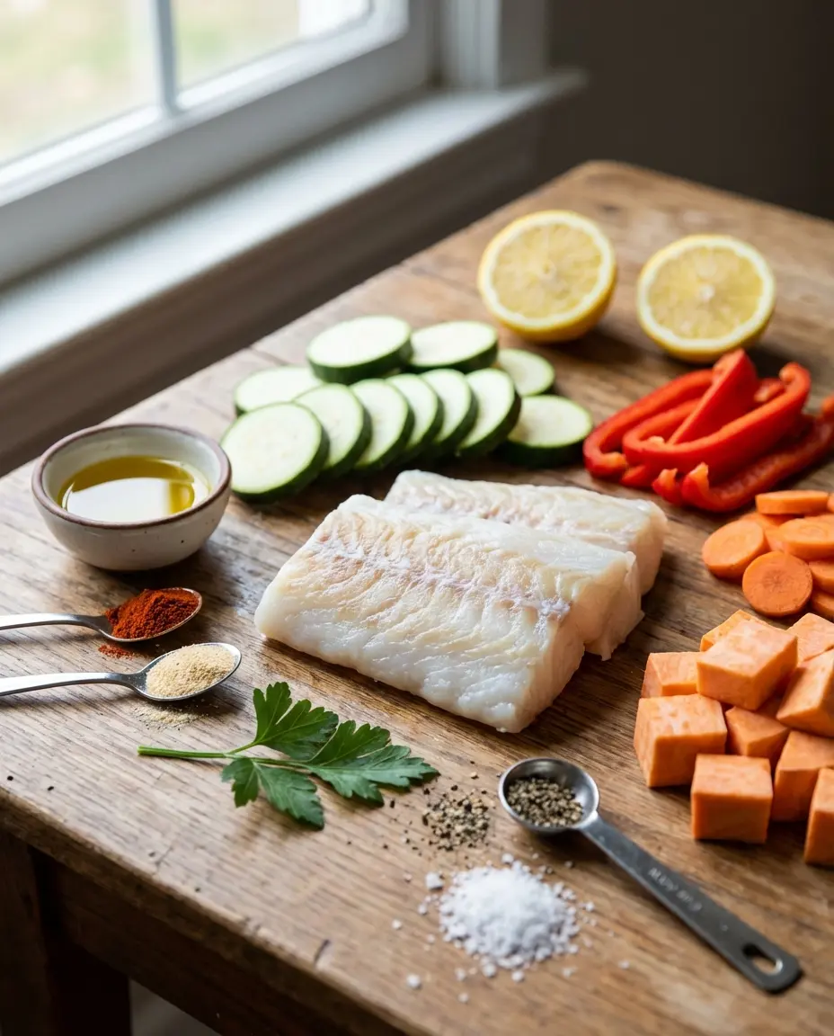 Ingredients for air fryer vegetables and fish laid out