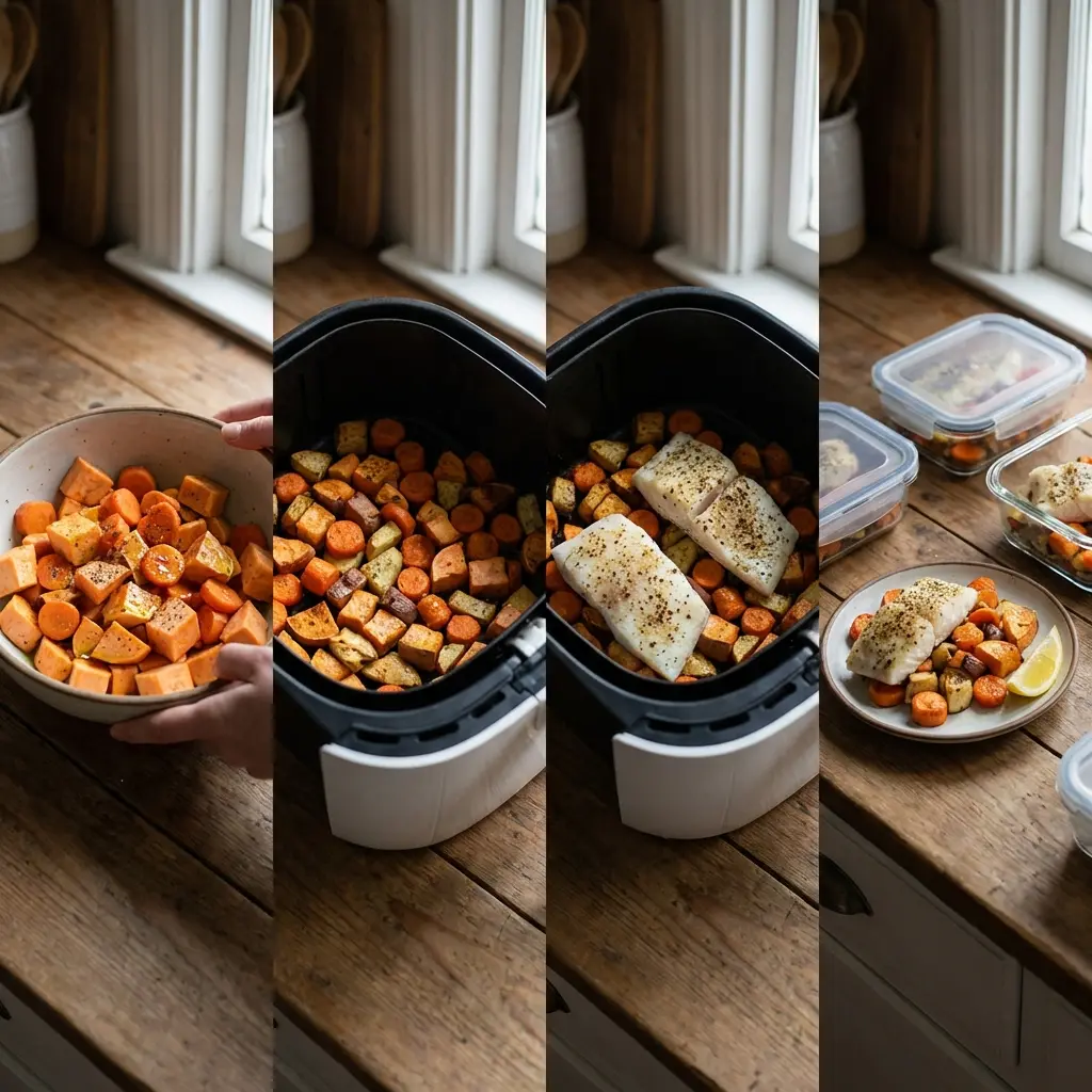 Steps showing vegetables and fish being cooked in an air fryer