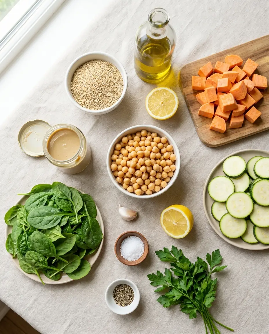 Ingredients laid out: quinoa, sweet potato, zucchini, chickpeas, tahini