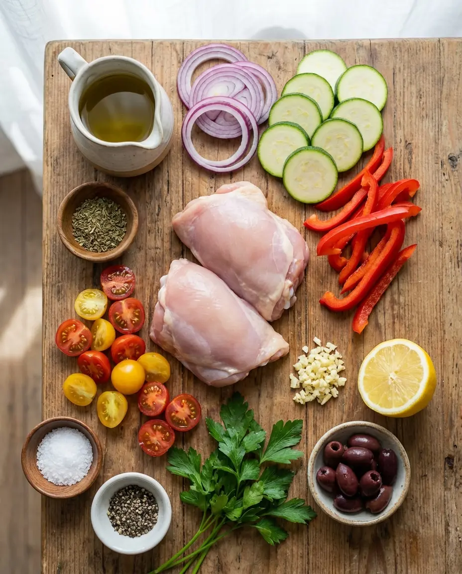 Ingredients for Mediterranean one-pan chicken and vegetables on a counter