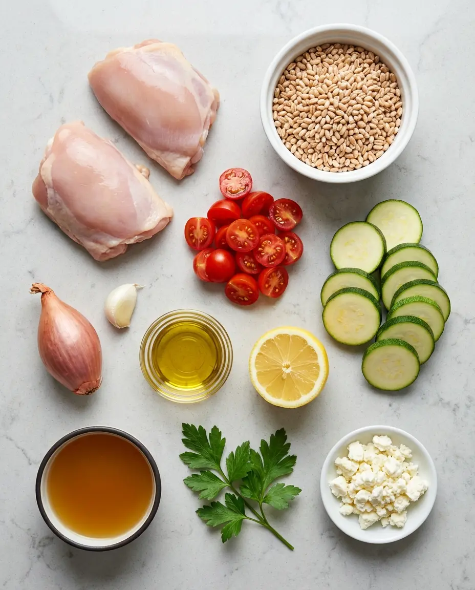 Ingredients laid out for Mediterranean one-pan chicken and vegetables