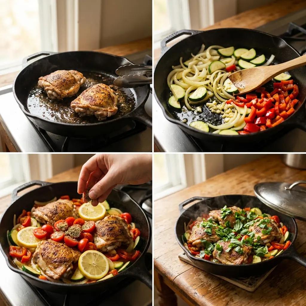 Cooking steps for the one-pan chicken and vegetables recipe