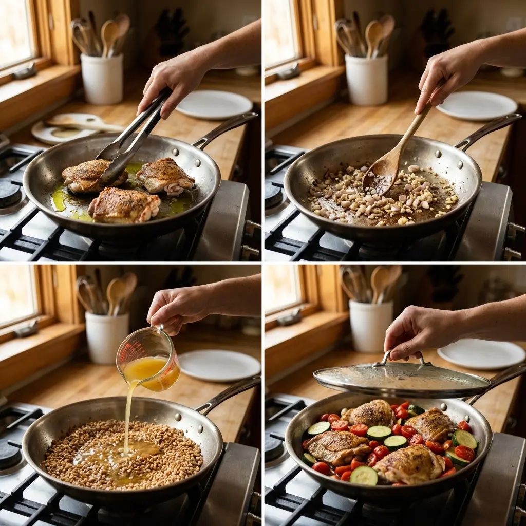 Cooking steps for one-pan Mediterranean chicken and vegetables