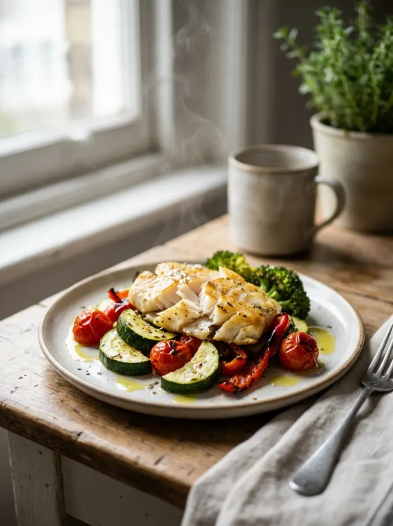 one basket air fryer vegetables and fish featured