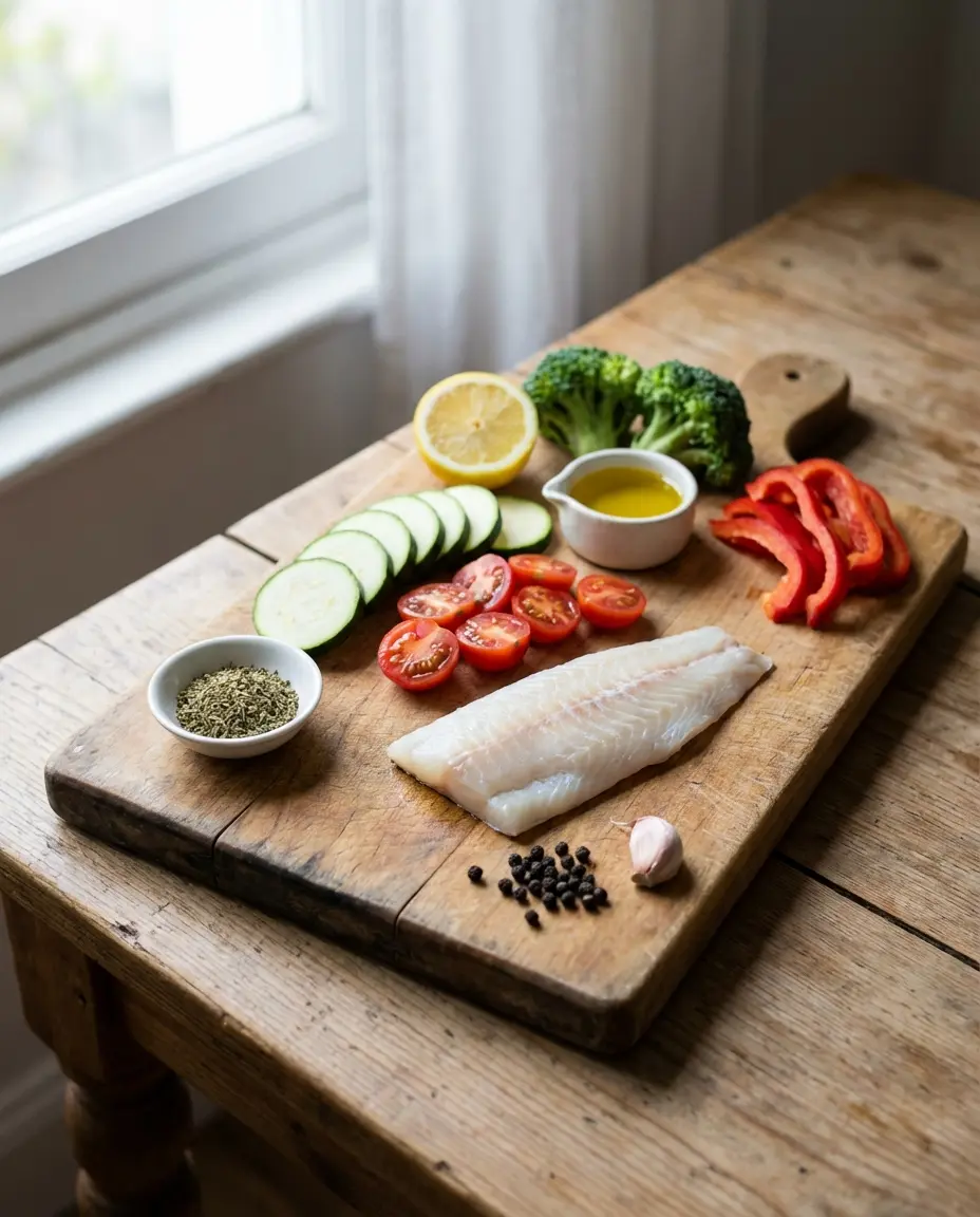Ingredients laid out for air fryer fish and vegetables