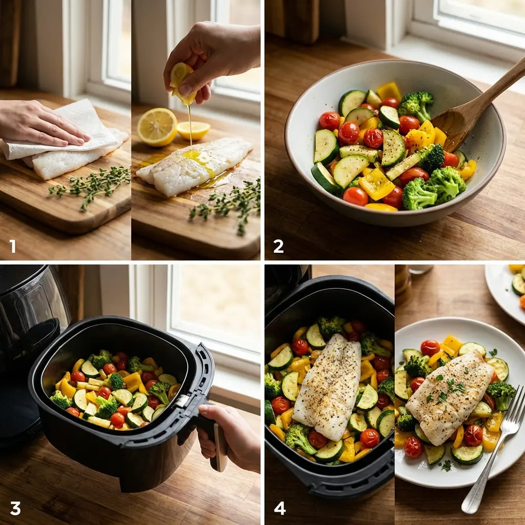 Air fryer basket with vegetables and fish being cooked