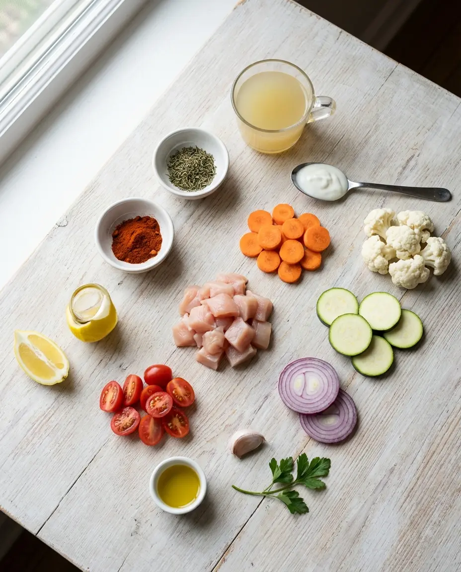 Ingredients laid out for one pan chicken and vegetables
