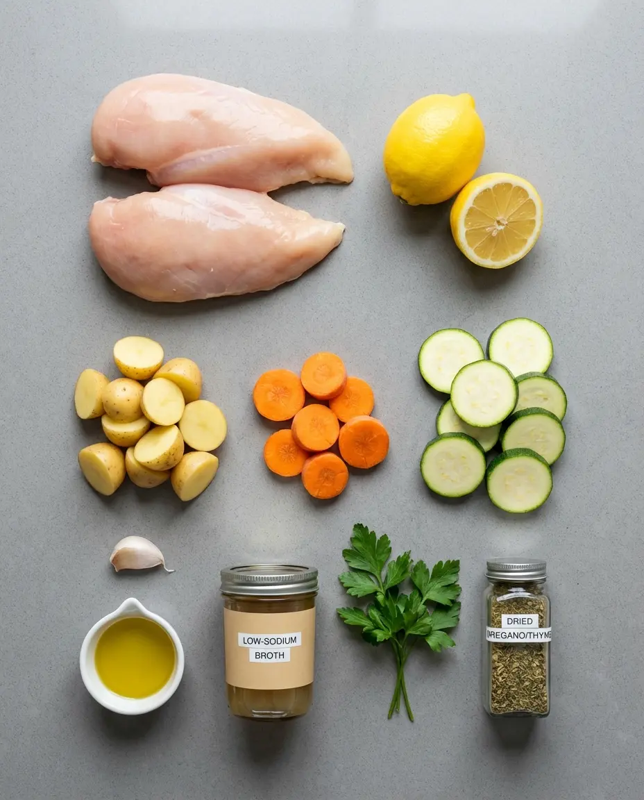 Ingredients for one-pan chicken and vegetables on a table