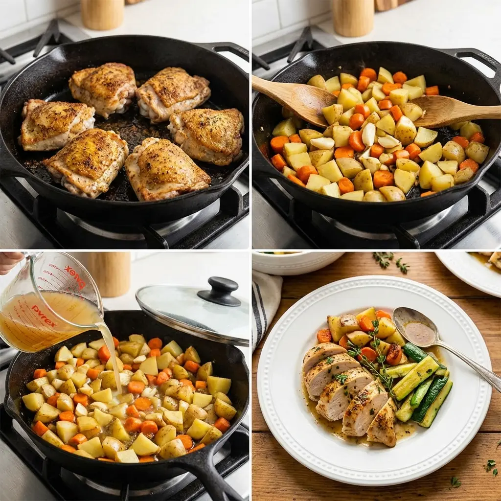 Cooking steps for one-pan chicken and vegetables