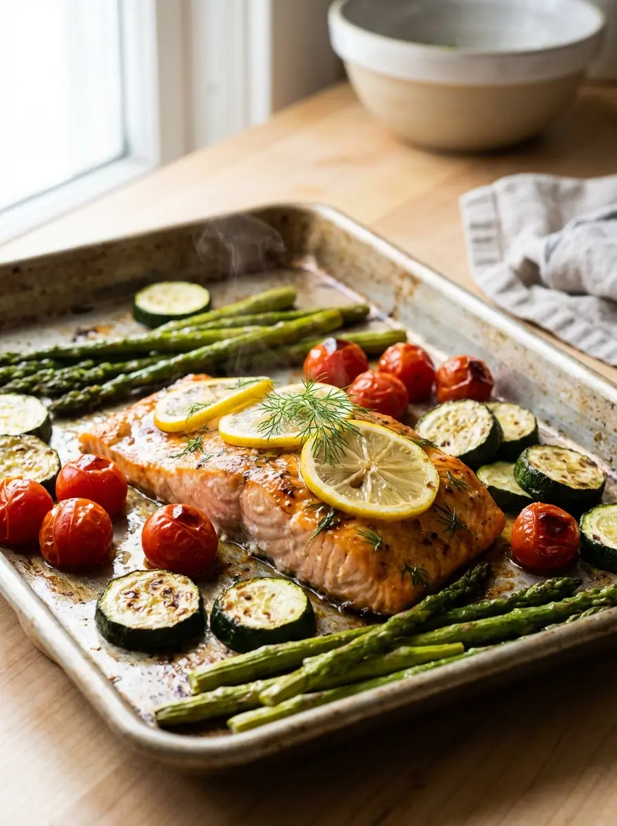 One-pan roasted salmon with zucchini, cherry tomatoes, and asparagus