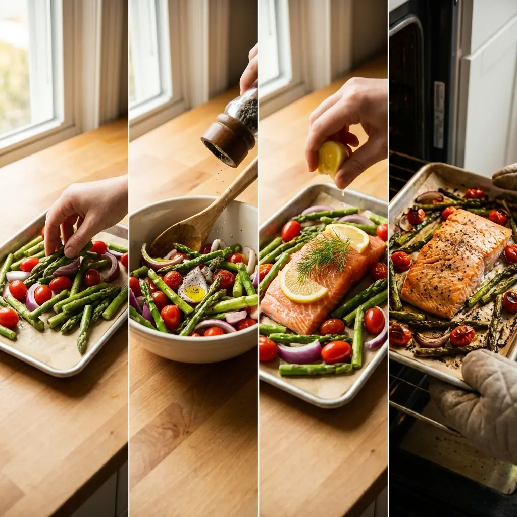 Step-by-step: arranging vegetables and salmon on a sheet pan before roasting