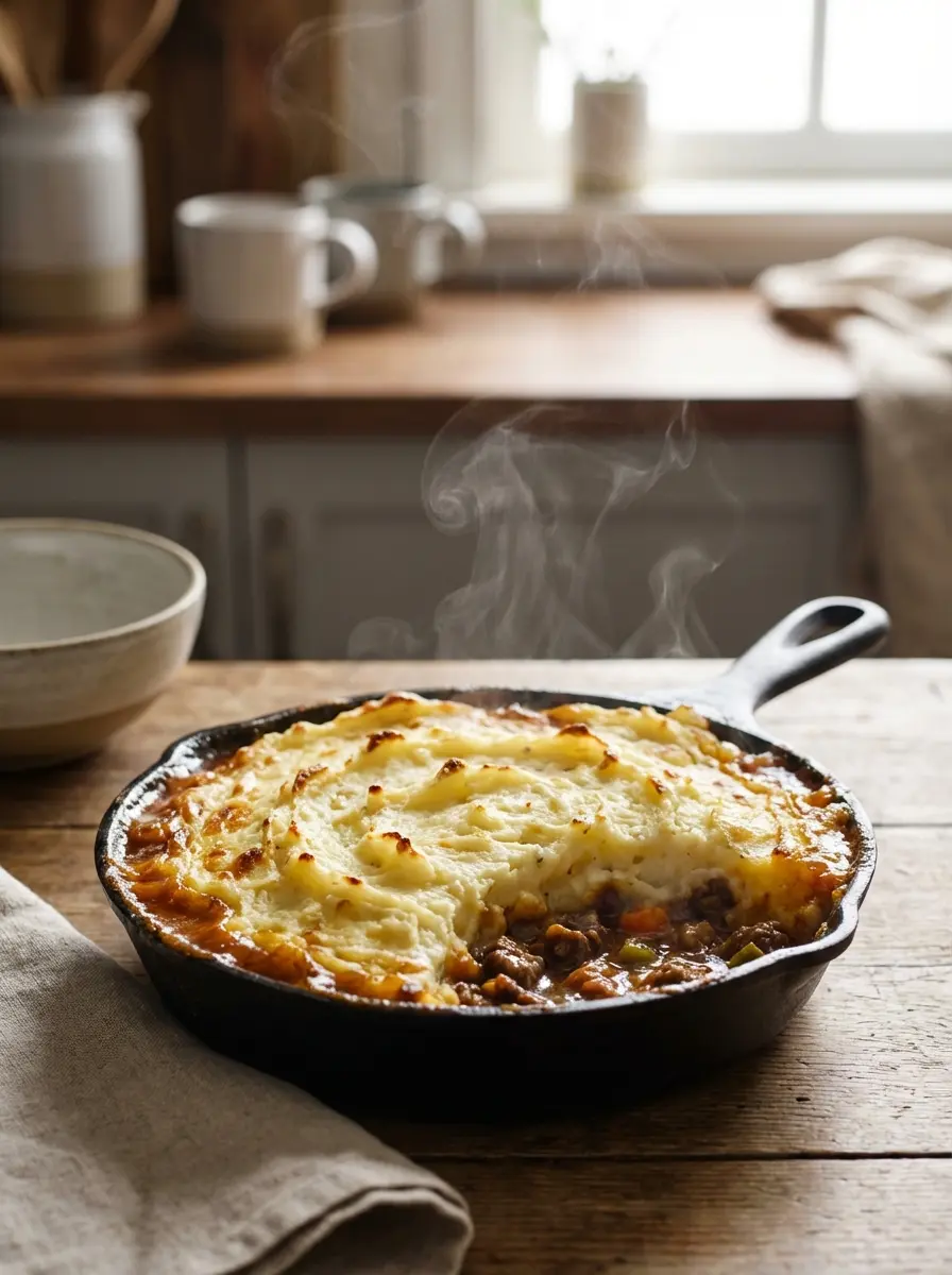 One-pan shepherd's pie in a skillet with golden mashed potato topping