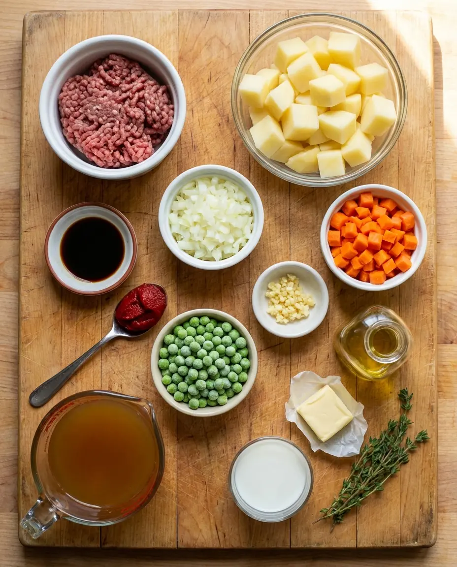 Ingredients for a small shepherd's pie laid out on a counter