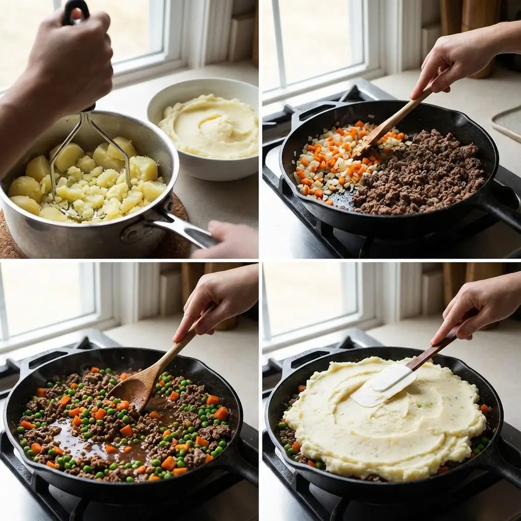 Step-by-step images showing cooking filling and topping with mashed potatoes
