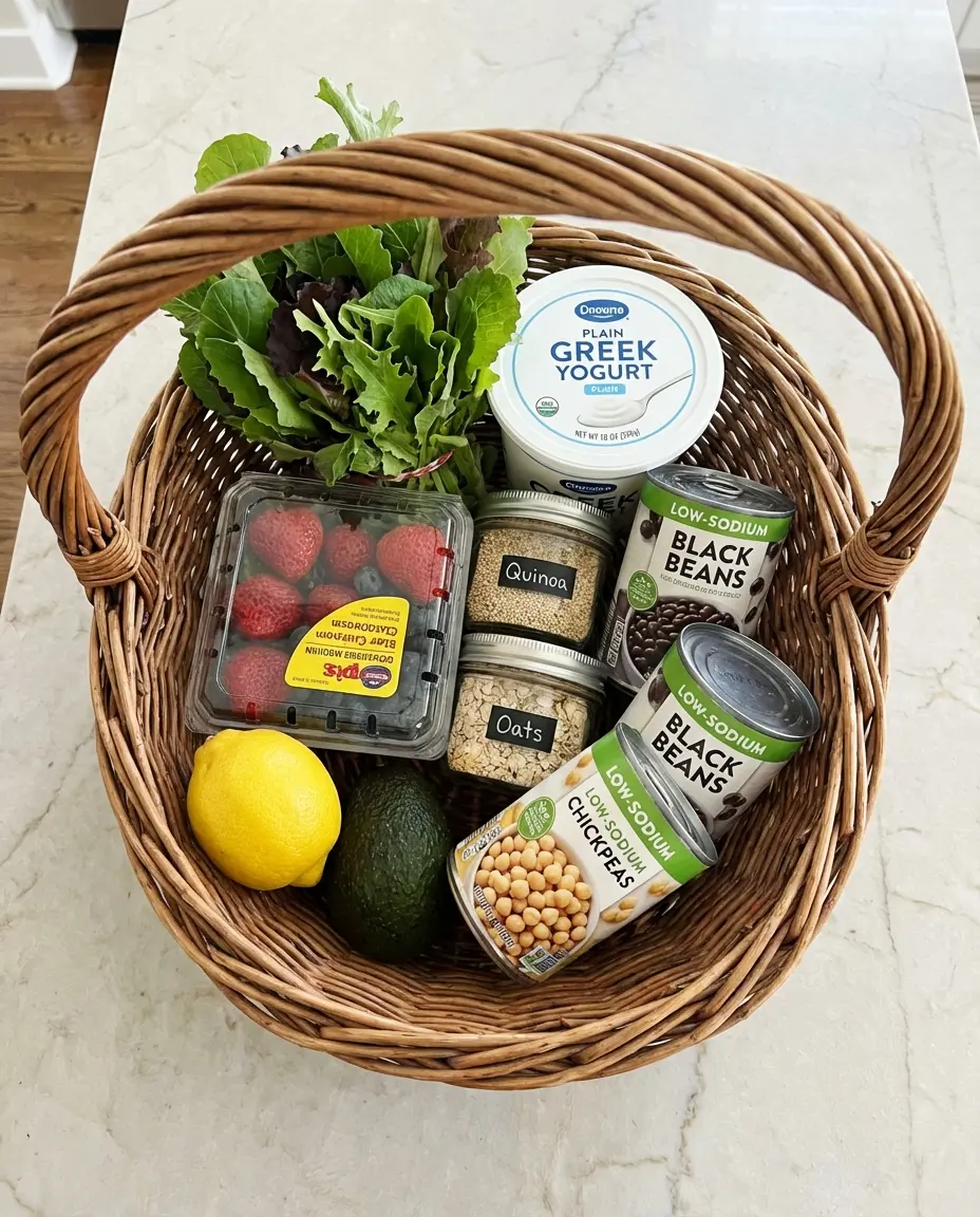 Fresh and frozen vegetables, grains, and small portions organized for low-waste cooking for one or two people