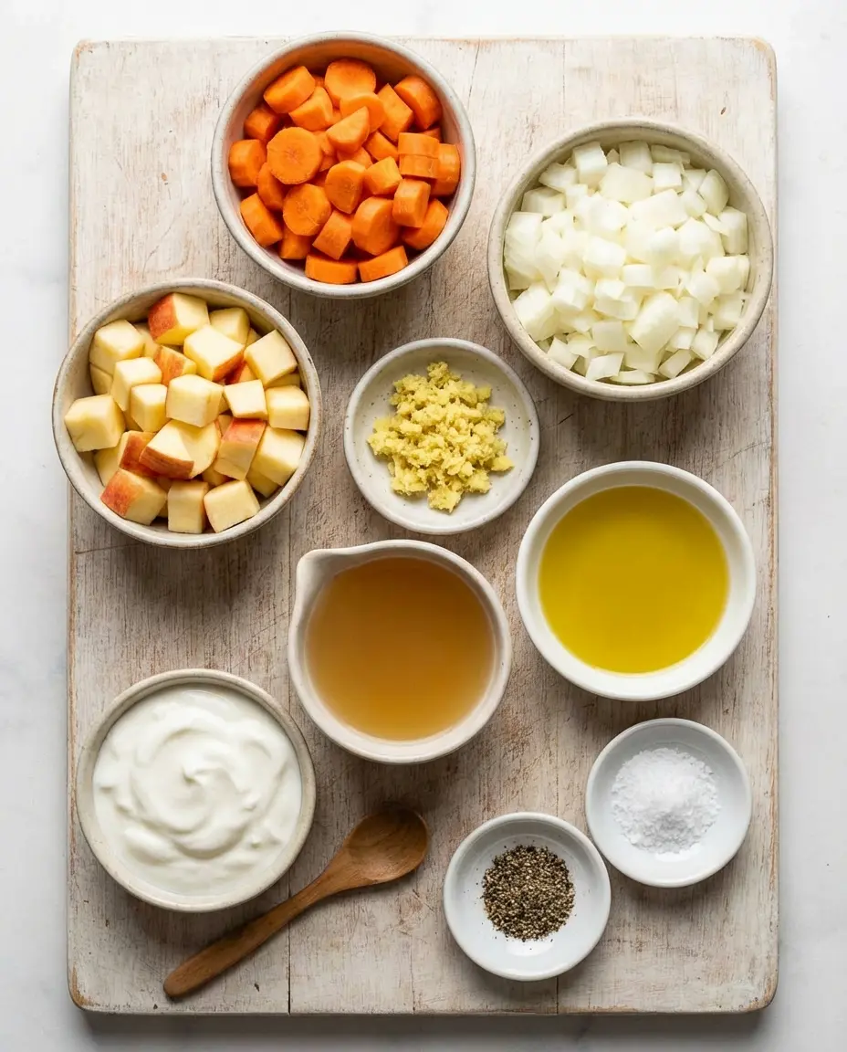 Ingredients for carrot apple soup on a countertop