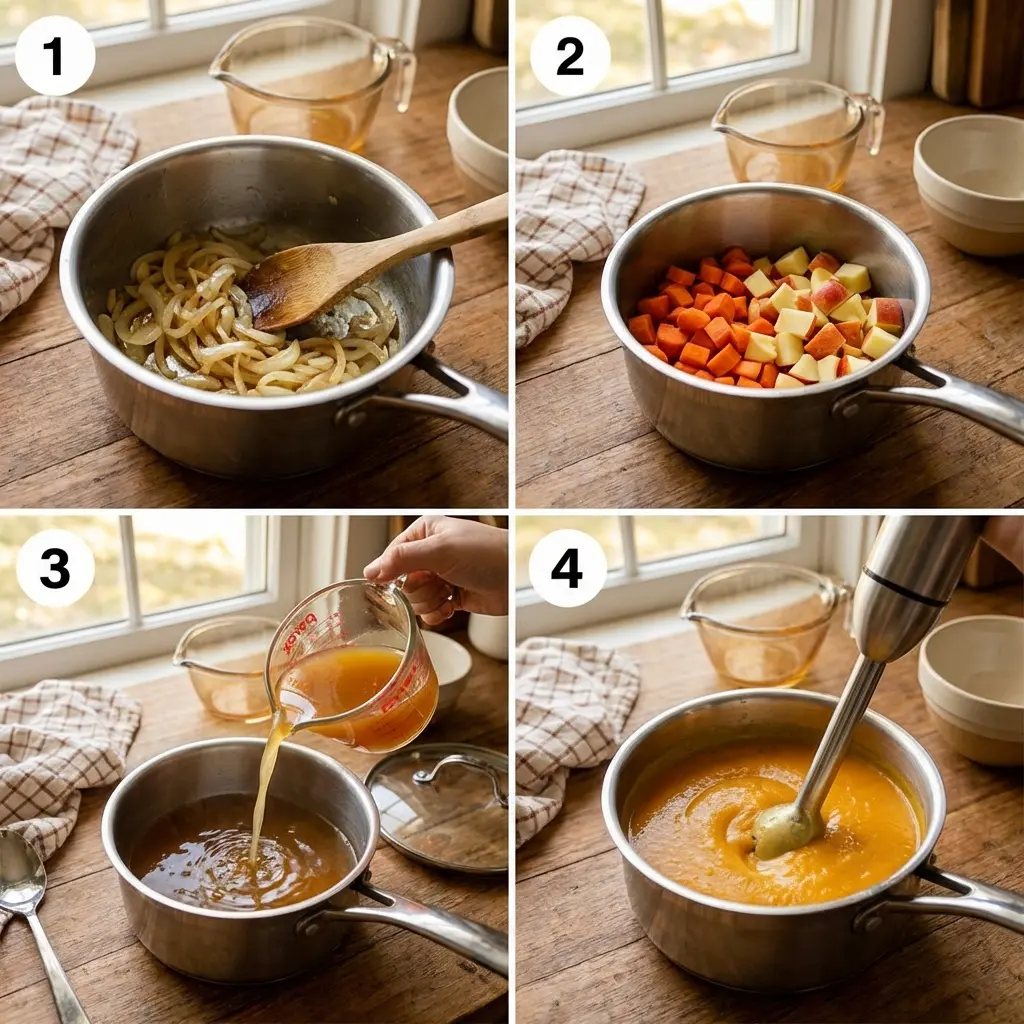 Steps showing cooking and blending carrot apple soup