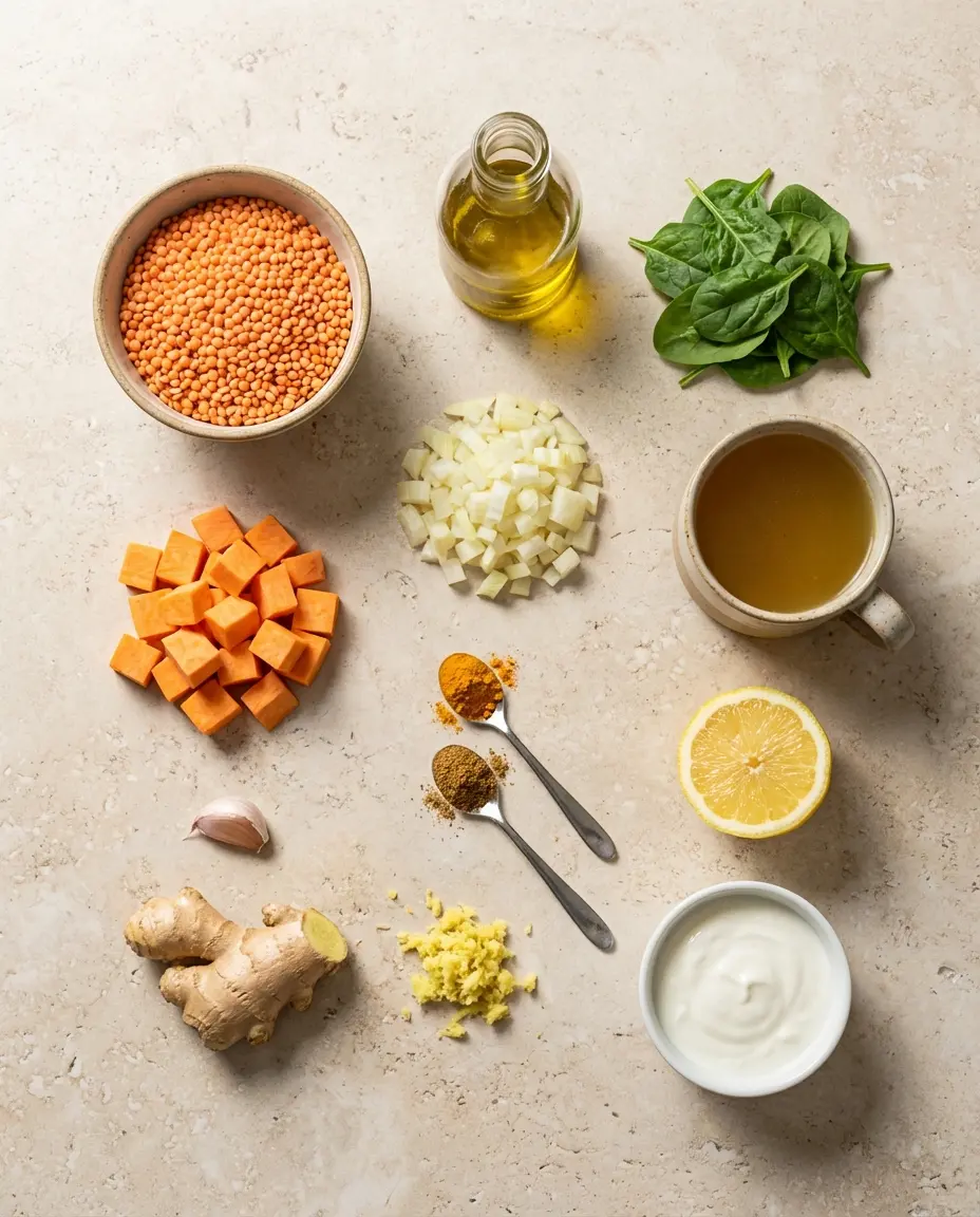Ingredients laid out for red lentil and sweet potato bowl