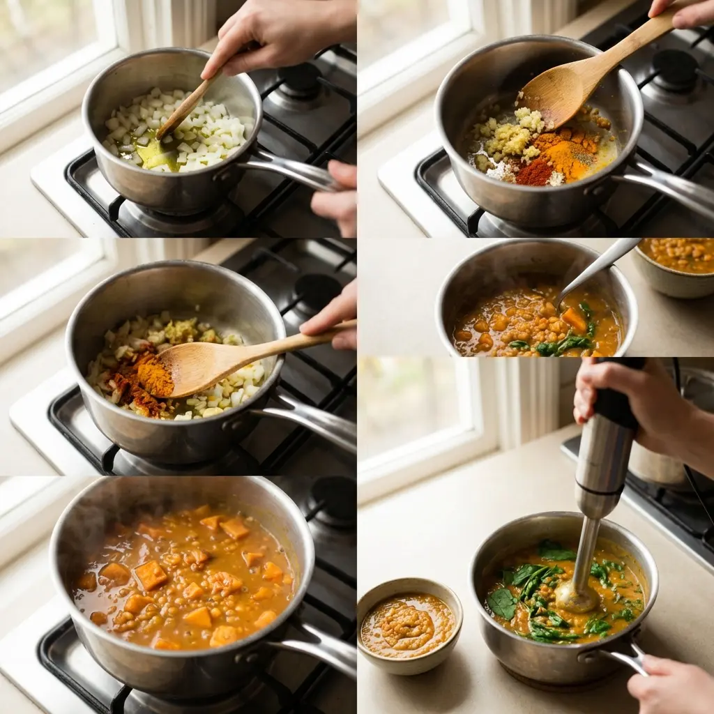 Step by step cooking the red lentil and sweet potato bowl in a pot