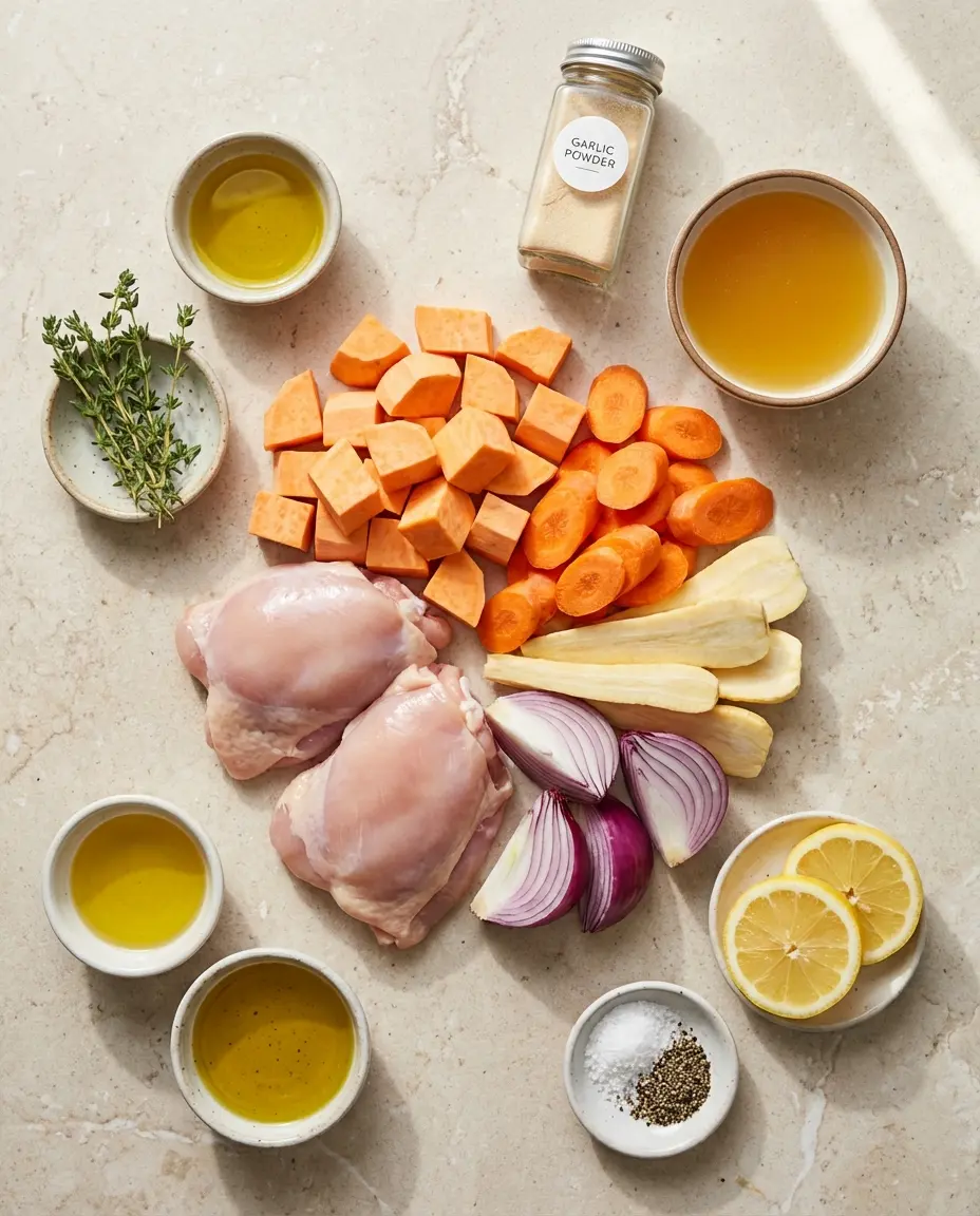 Ingredients for sheet-pan chicken thighs arranged on a board