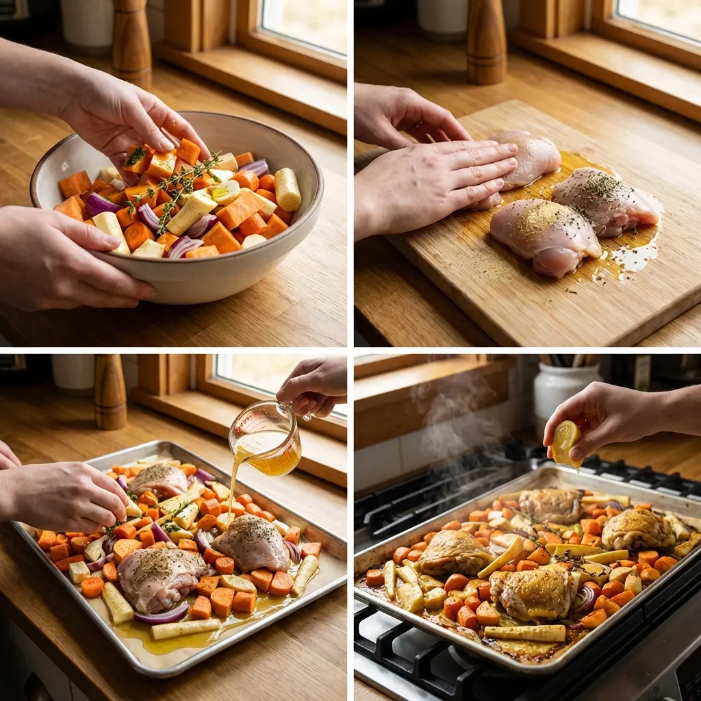 Sheet pan with chicken thighs and roasted vegetables in the oven