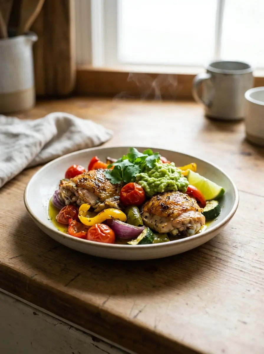 Sheet-pan chicken and vegetables on a baking tray