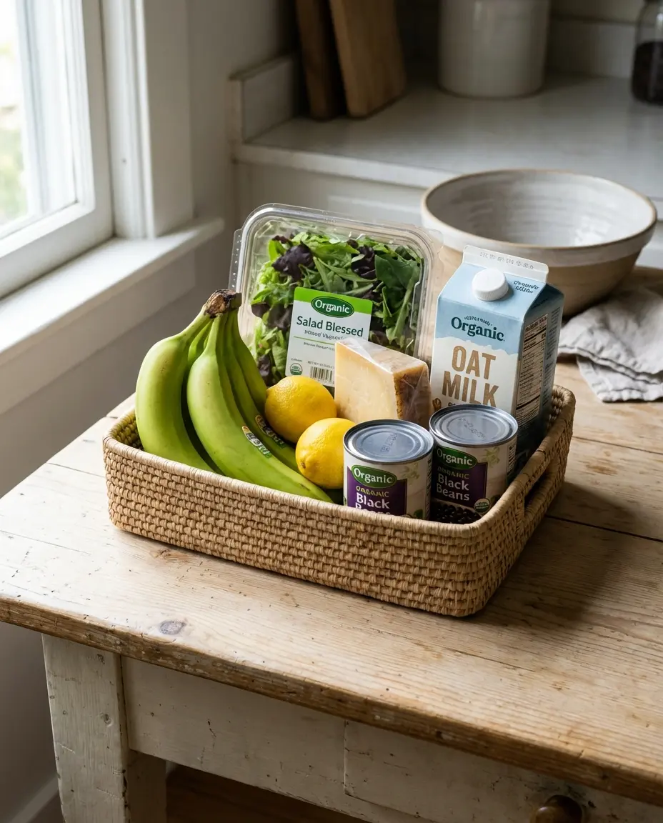 Small grocery haul and simple meal ingredients for one or two, emphasizing fresh produce and low-waste packaging