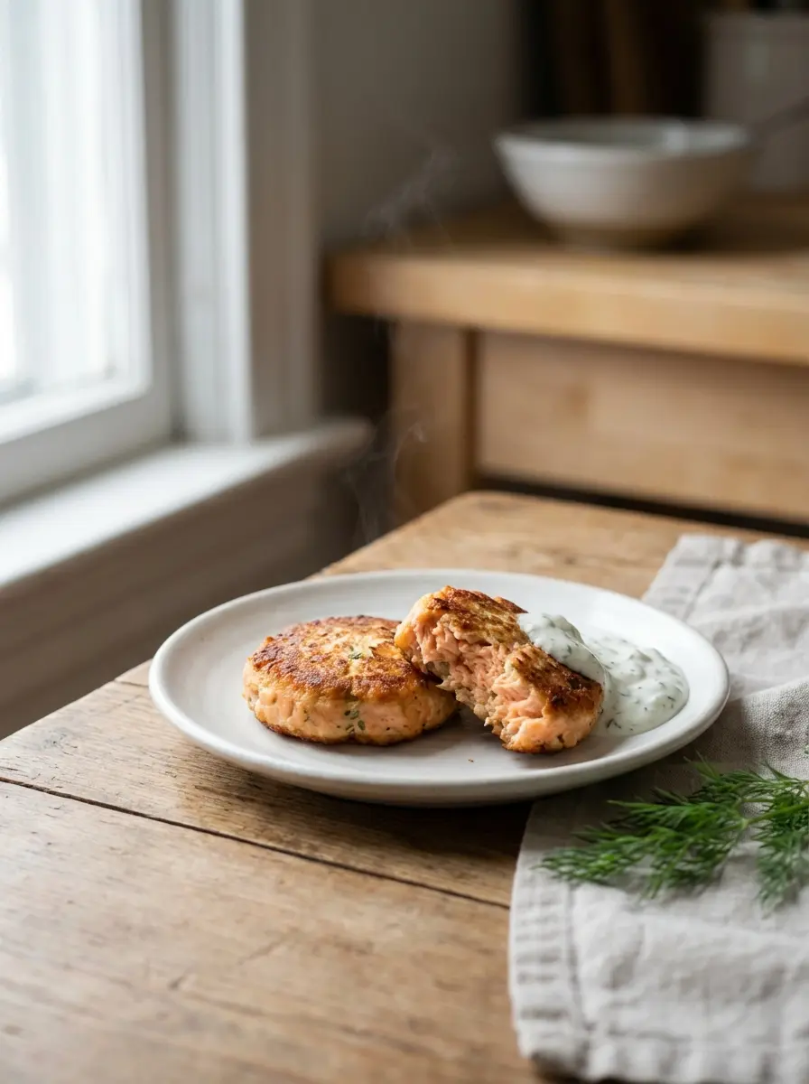 Soft air-fryer salmon patties on a plate with yogurt dip