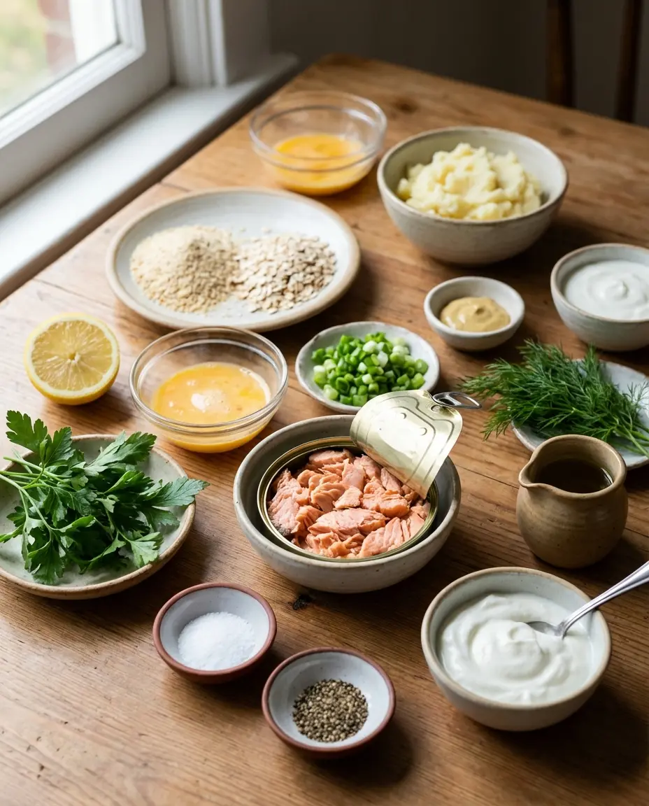 Ingredients laid out for salmon patties