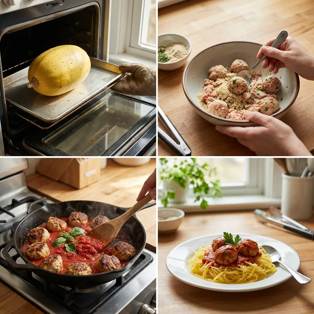 Cooking steps for spaghetti squash and meatballs